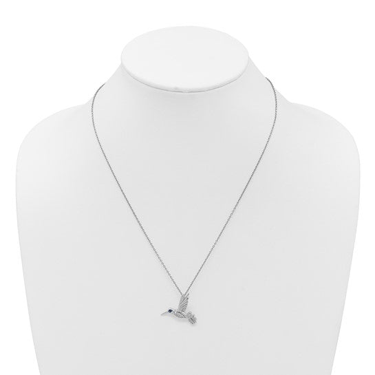 Sterling Silver White Ice Diamond and Blue Sapphire Hummingbird Necklace- Sparkle & Jade-SparkleAndJade.com QW586-18