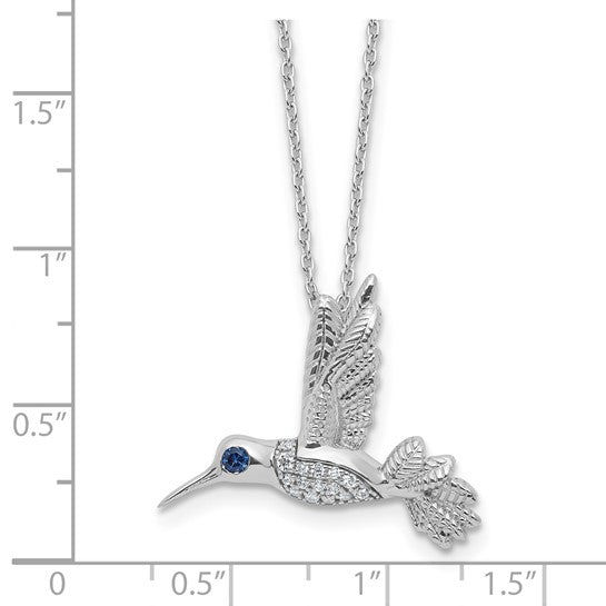 Sterling Silver White Ice Diamond and Blue Sapphire Hummingbird Necklace- Sparkle & Jade-SparkleAndJade.com QW586-18