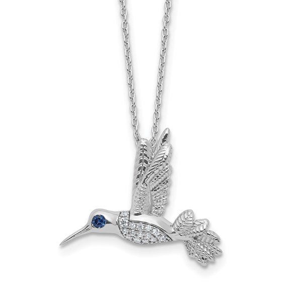 Sterling Silver White Ice Diamond and Blue Sapphire Hummingbird Necklace- Sparkle & Jade-SparkleAndJade.com QW586-18