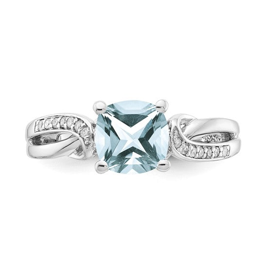 Sterling Silver Cushion Aquamarine and Diamond Ring- Sparkle & Jade-SparkleAndJade.com 
