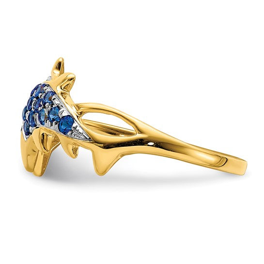 14K Yellow Gold Gold w/ Rhodium Detail Diamond & Blue Sapphire Dolphins Ring- Sparkle & Jade-SparkleAndJade.com RM5779-SA-001-YA