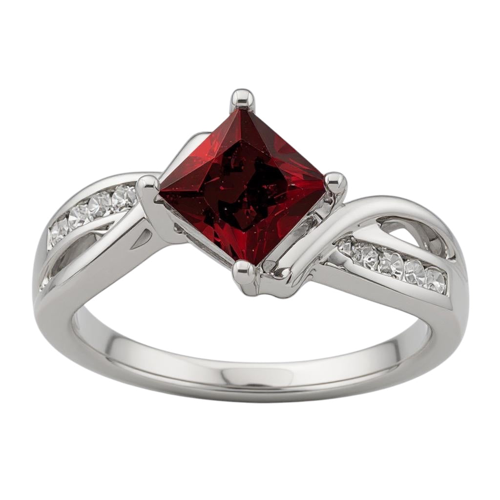 14k White Gold Garnet Square and Diamond Ring- Sparkle & Jade-SparkleAndJade.com 
