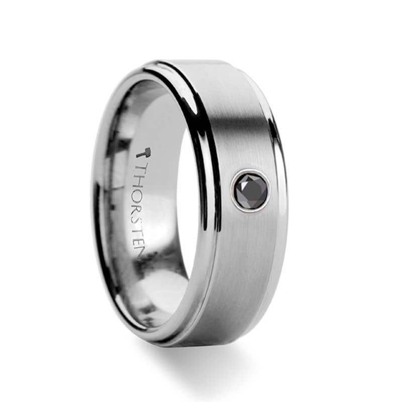 Raised Brushed Center Tungsten Ring with Black Diamond - 8mm - COVENTRY- Sparkle & Jade-SparkleAndJade.com 