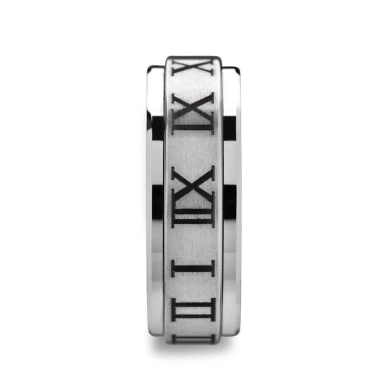 Raised Center Brush Finish Tungsten Carbide Spinner Ring with Roman Numerals - 8mm - Imperius- Sparkle & Jade-SparkleAndJade.com 