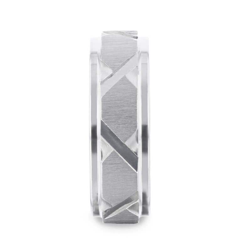 Raised Horizontal Etch and Diagon-Shaped Cuts Centered Titanium Men's Wedding Ring With Polished Step Edges - 8mm - Virage- Sparkle & Jade-SparkleAndJade.com 