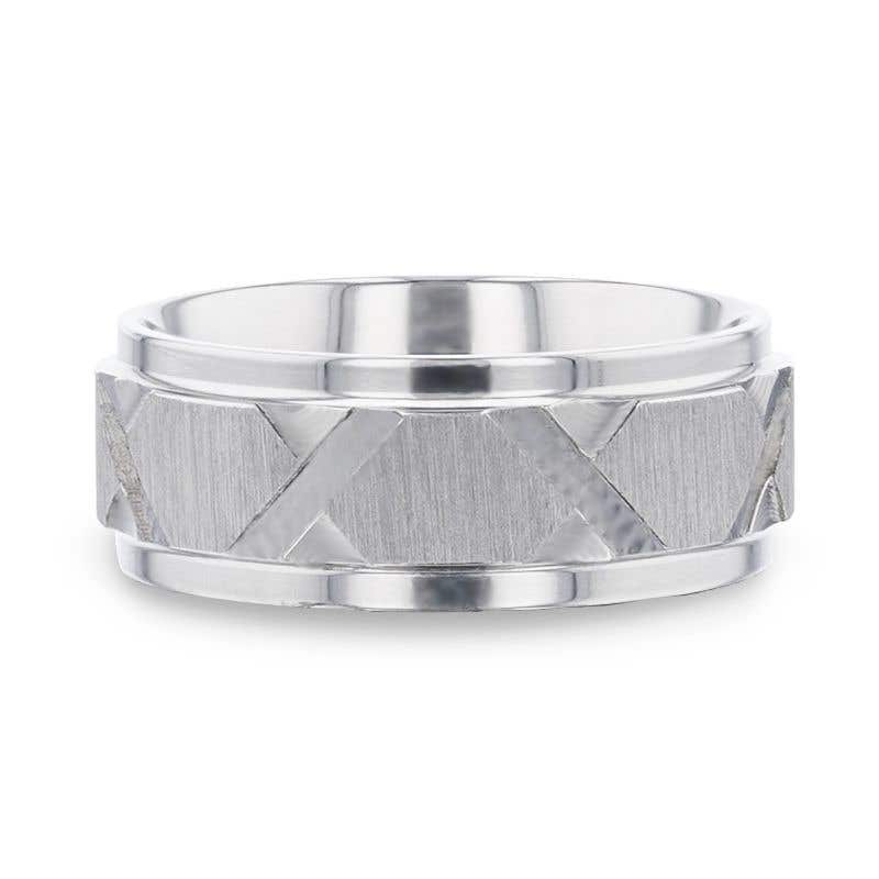 Raised Horizontal Etch and Diagon-Shaped Cuts Centered Titanium Men's Wedding Ring With Polished Step Edges - 8mm - Virage- Sparkle & Jade-SparkleAndJade.com 