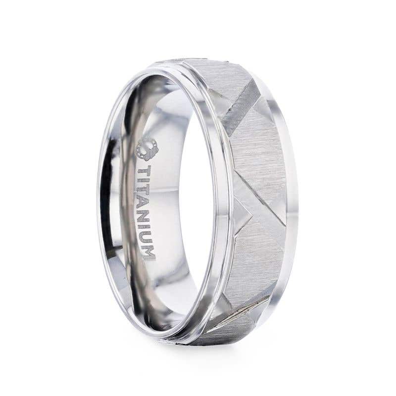 Raised Horizontal Etch and Diagon-Shaped Cuts Centered Titanium Men's Wedding Ring With Polished Step Edges - 8mm - Virage- Sparkle & Jade-SparkleAndJade.com 