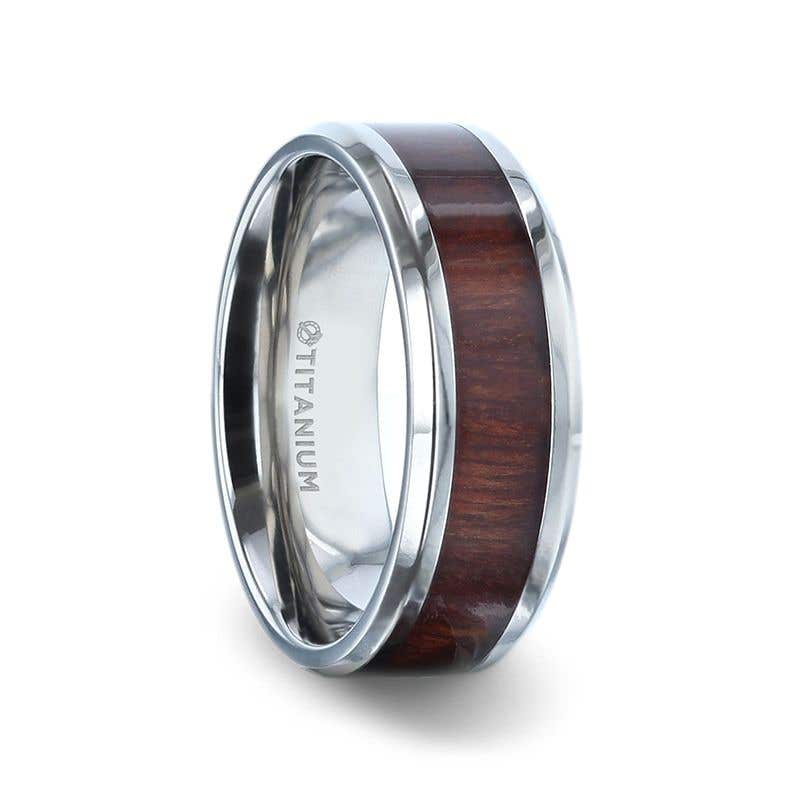 Red Wood Inlaid Titanium Flat Polished Finish Men's Wedding Ring With Beveled Edges - 8mm - Sequoia- Sparkle & Jade-SparkleAndJade.com 
