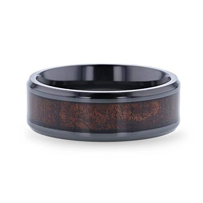 Redwood Inlaid Black Ceramic Ring with Beveled Edges - 8mm - Cerise- Sparkle & Jade-SparkleAndJade.com 