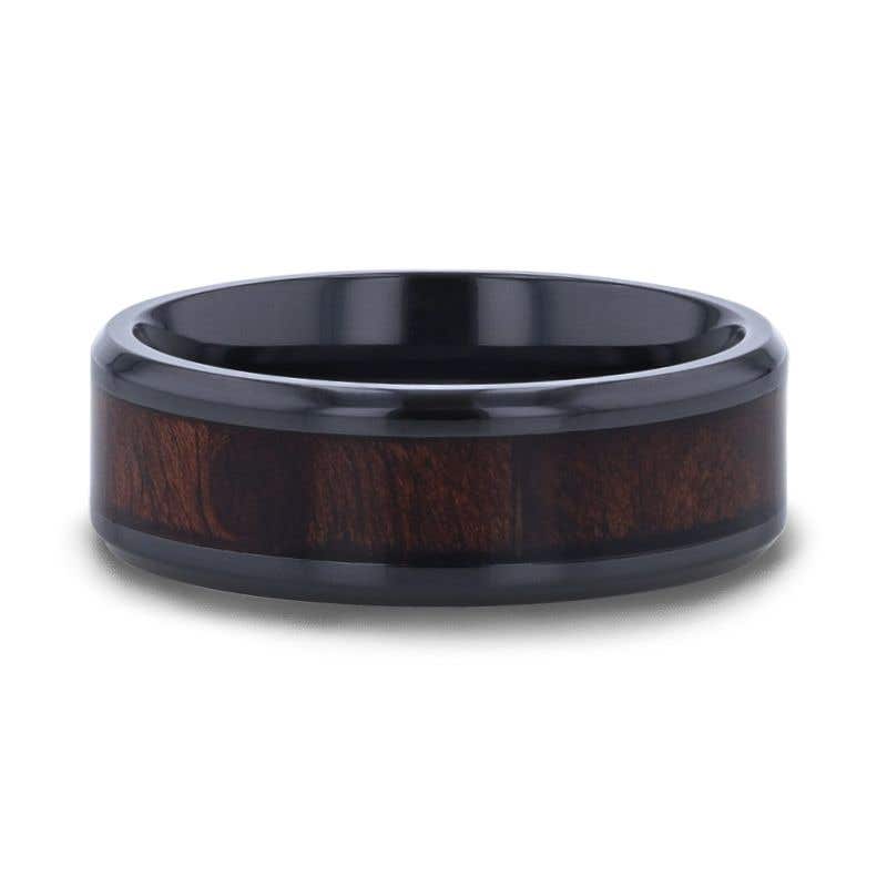 Redwood inlaid Clear Polished Coated Titanium Men's Wedding Band With Polished Beveled Edges - 8mm - Yosemite- Sparkle & Jade-SparkleAndJade.com 