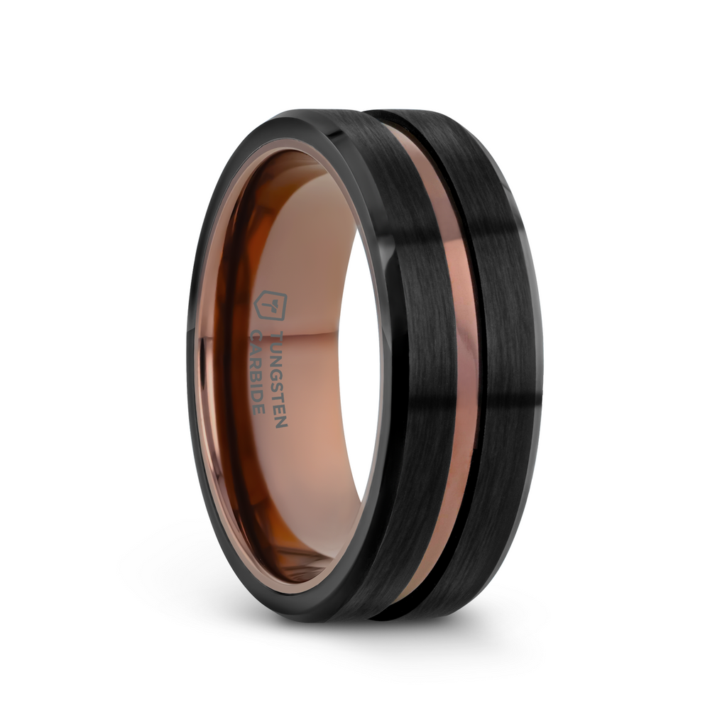 Thorsten NEVAN Flat Brushed Black Tungsten Men's Wedding Band With Espresso Groove Center - 8mm- Sparkle & Jade-SparkleAndJade.com 
