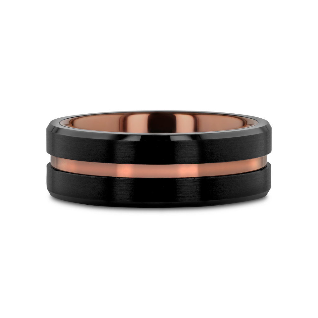 Thorsten NEVAN Flat Brushed Black Tungsten Men's Wedding Band With Espresso Groove Center - 8mm- Sparkle & Jade-SparkleAndJade.com 
