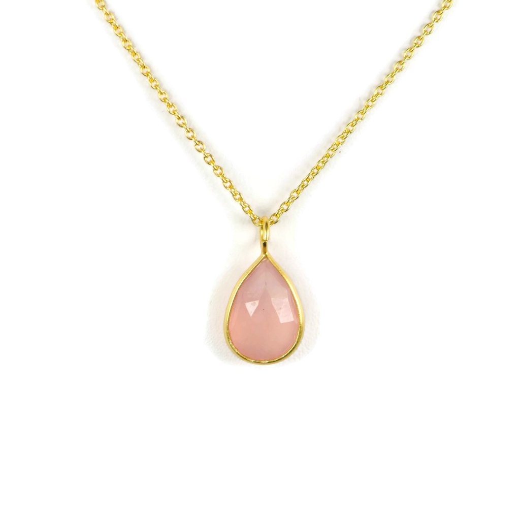 Rose Chalcedony Yellow Gold Plated Sterling Silver Pear Teardrop 16" Necklace- Sparkle & Jade-SparkleAndJade.com CUWP1191SLOR