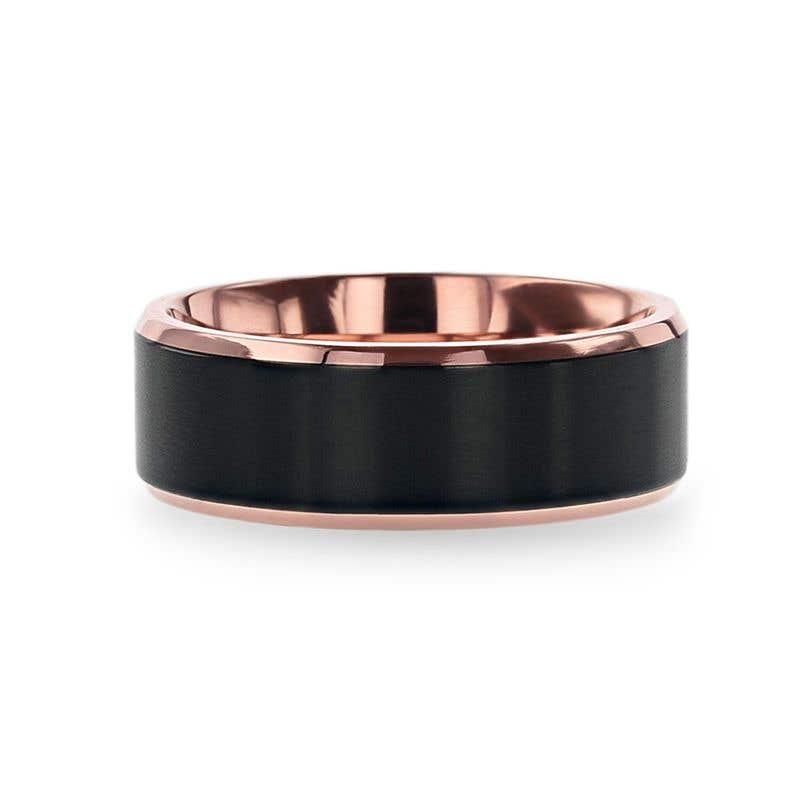 Rose Gold Plated Black Titanium Flat Brushed Center Men's Wedding Ring With Beveled Polished Edges - 6mm & 8mm - Stephen- Sparkle & Jade-SparkleAndJade.com 