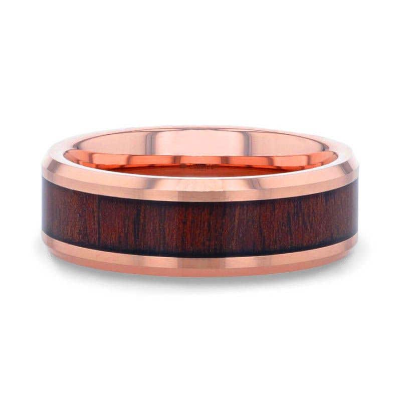 Rose Gold Plated Koa Wood Inlaid Tungsten Men's Wedding Band With Beveled Polished Edges - 8mm - Dylan- Sparkle & Jade-SparkleAndJade.com 