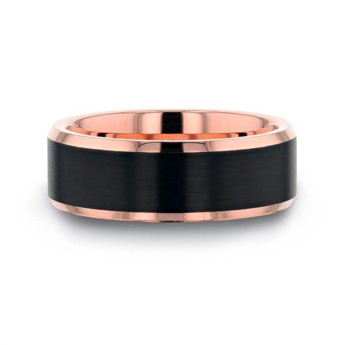 Rose Gold Plated Tungsten Polished Beveled Ring with Brushed Black Center - 6mm & 8mm - Hayden- Sparkle & Jade-SparkleAndJade.com 