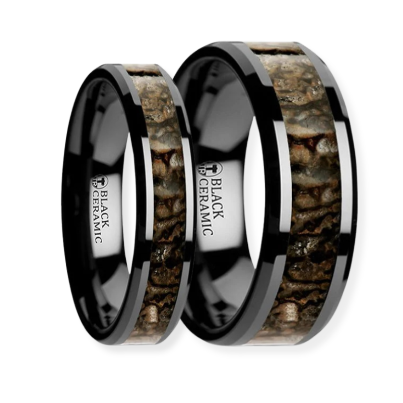 Thorsten SILURIAN Dinosaur Bone Inlaid Black Ceramic Beveled Edged Ring 4 - 8mm- Sparkle & Jade-SparkleAndJade.com 