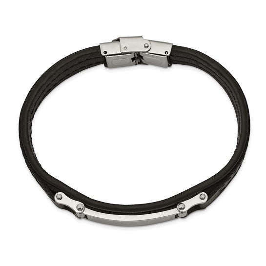 Stainless Steel Black Leather 8.25 inch ID Bracelet- Sparkle & Jade-SparkleAndJade.com 