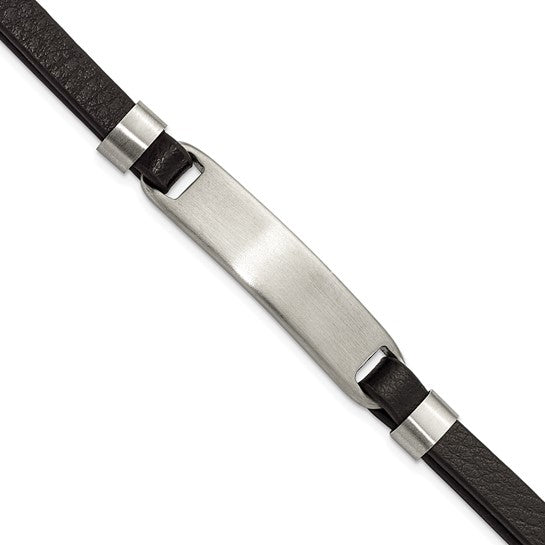 Stainless Steel Brushed Black Leather 8 inch ID Bracelet with Extension- Sparkle & Jade-SparkleAndJade.com SRB3148-8