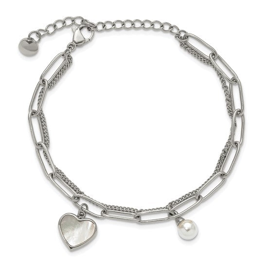 Stainless Steel Gold IP-Plated Mother of Pearl Heart and Pearl Bracelet- Sparkle & Jade-SparkleAndJade.com SRB3221-6.5