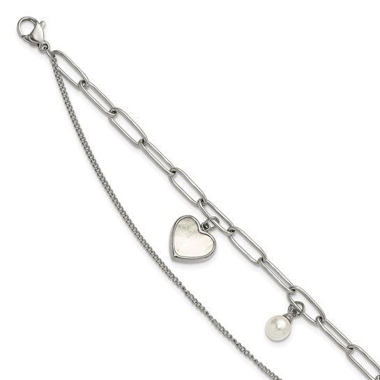 Stainless Steel Gold IP-Plated Mother of Pearl Heart and Pearl Bracelet- Sparkle & Jade-SparkleAndJade.com 