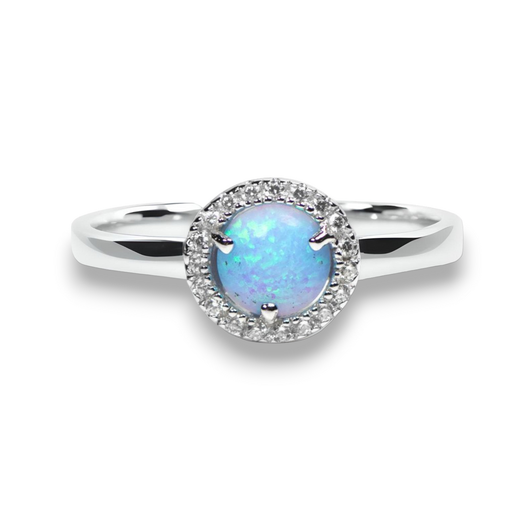 Sterling Silver Light Blue Opal and CZ Halo Ring- Sparkle & Jade-SparkleAndJade.com 