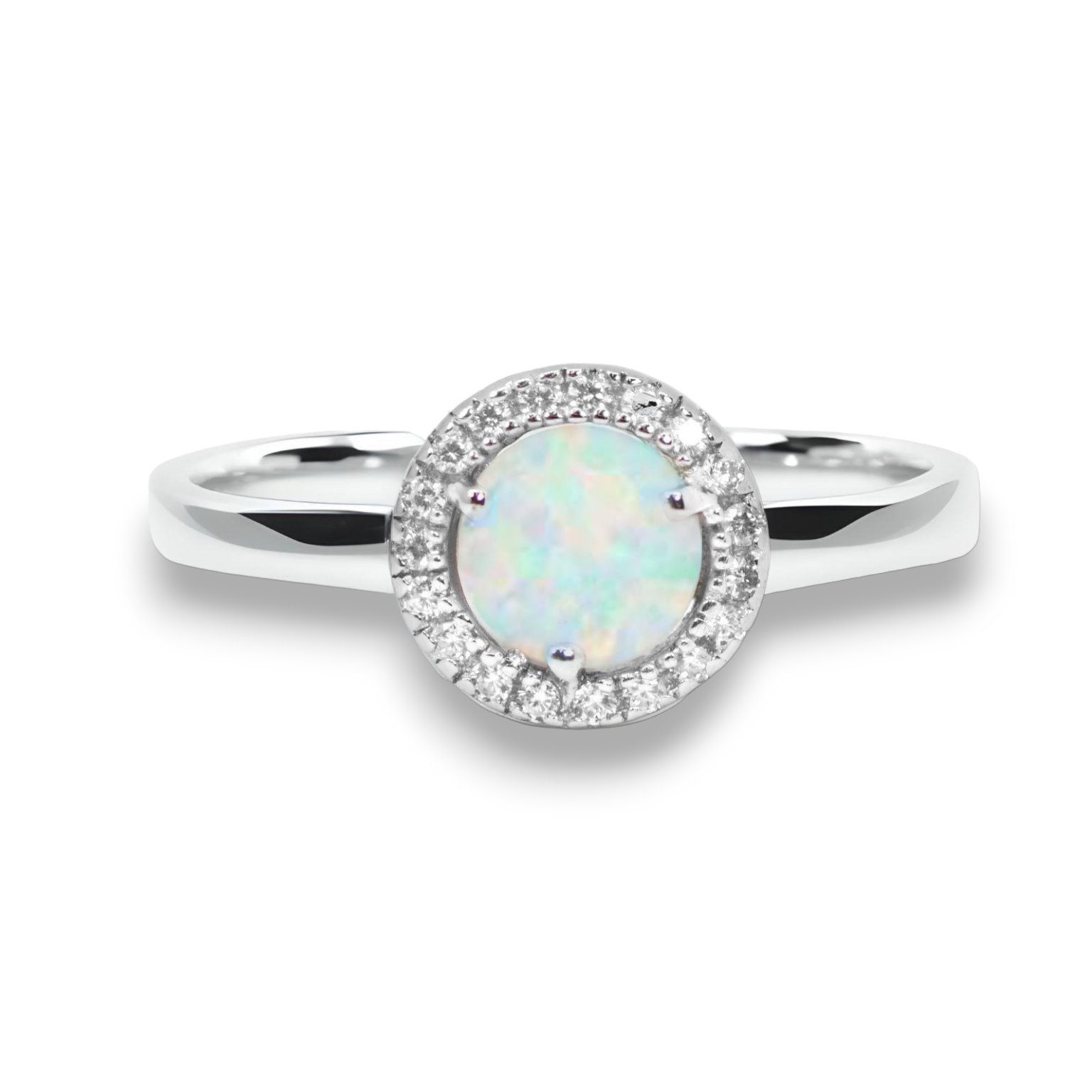 Sterling Silver Round Created White Opal CZ Halo Ring