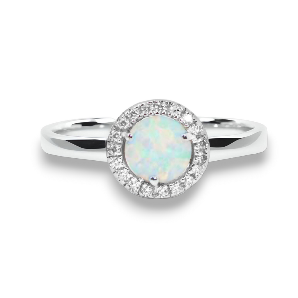 Sterling Silver Round Created White Opal CZ Halo Ring- Sparkle & Jade-SparkleAndJade.com 