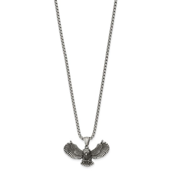 Chisel Stainless Steel Antiqued and Polished Flying Owl Pendant on a 24 inch Box Chain Necklace- Sparkle & Jade-SparkleAndJade.com SRN3097-24