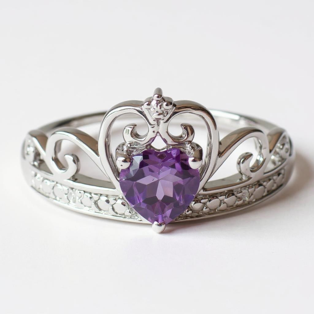 Sterling Silver Diamond And Heart Shaped Amethyst Crown Ring- Sparkle & Jade-SparkleAndJade.com 