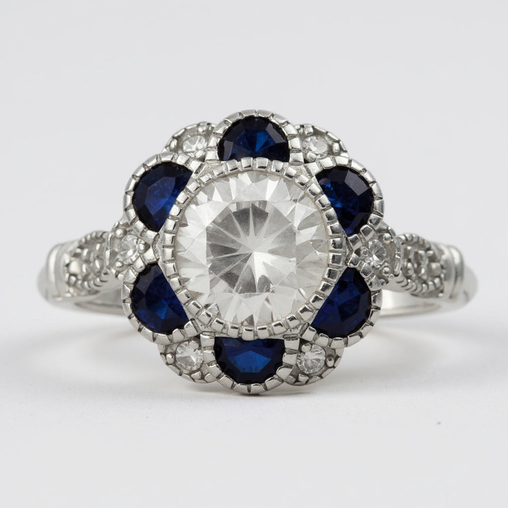 Sterling Silver White CZ & Lab-Created Blue Sapphire Flower Ring- Sparkle & Jade-SparkleAndJade.com 