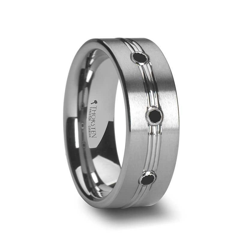 Satin Finished Tungsten Ring with Polished Grooved Center and Triple Black Diamonds - 8mm - ROYALE- Sparkle & Jade-SparkleAndJade.com 
