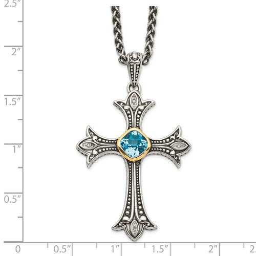 Shey Couture Sterling Silver & 14k Gold Diamond Blue Topaz Cross Necklace- Sparkle & Jade-SparkleAndJade.com QTC804