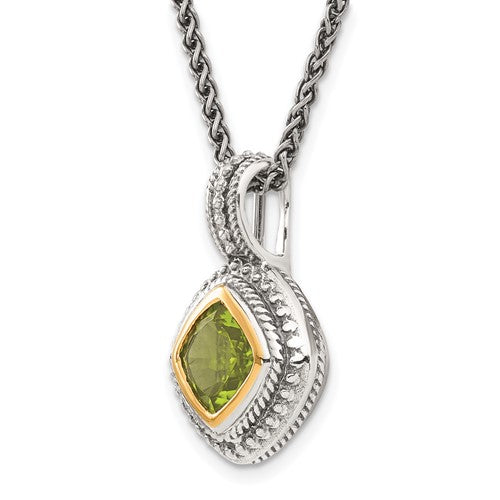 Shey Couture Sterling Silver With 14k Gold Accent 8mm Cushion Peridot Pendant Necklace- Sparkle & Jade-SparkleAndJade.com QTC864
