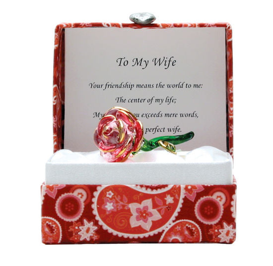 Small Messenger 'A Rose To My Wife' Glass Pink Rose Figuring in Gift Box- Sparkle & Jade-SparkleAndJade.com 184218