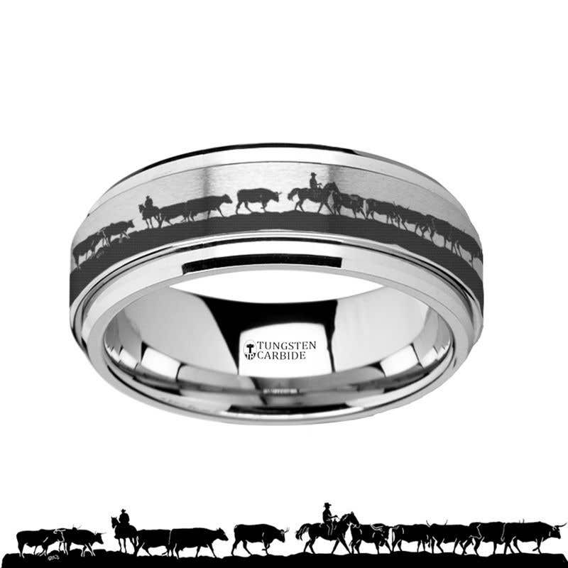 Spinning Engraved Herding Cattle Tungsten Carbide Band Spinner Ring- Sparkle & Jade-SparkleAndJade.com 