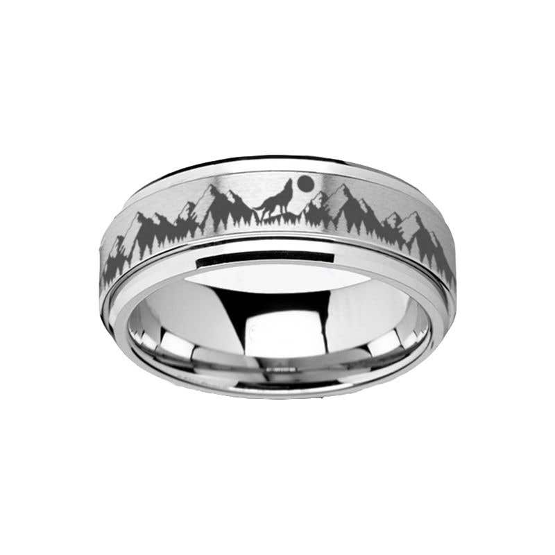 Spinning Engraved Mountain Wolf Moon Tungsten Carbide Spinner Wedding Band - 8mm- Sparkle & Jade-SparkleAndJade.com 