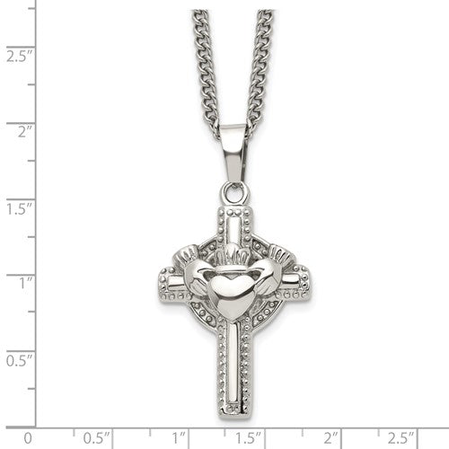 Stainless Steel Claddagh Cross Pendant 20 inch Curb Chain Necklace- Sparkle & Jade-SparkleAndJade.com SRN1793-20