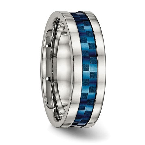 Stainless Steel Polished Blue IP-plated Checkered Design 7mm Band- Sparkle & Jade-SparkleAndJade.com 