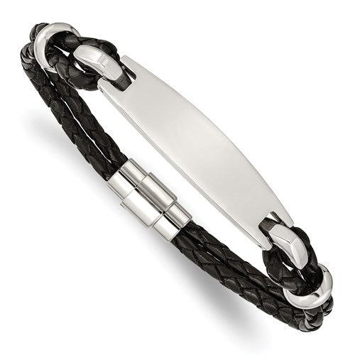 Stainless Steel Polished Engravable ID Black Woven Leather Bracelet- Sparkle & Jade-SparkleAndJade.com SRB1361-8.5
