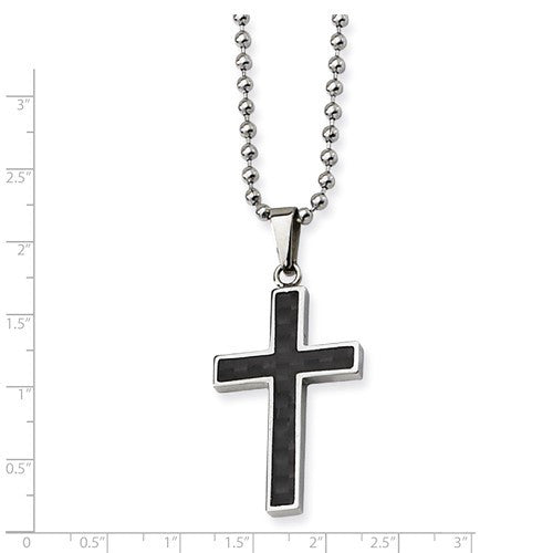 Stainless Steel Polished With Carbon Fiber Inlay Cross 22in Necklace- Sparkle & Jade-SparkleAndJade.com SRN108-22