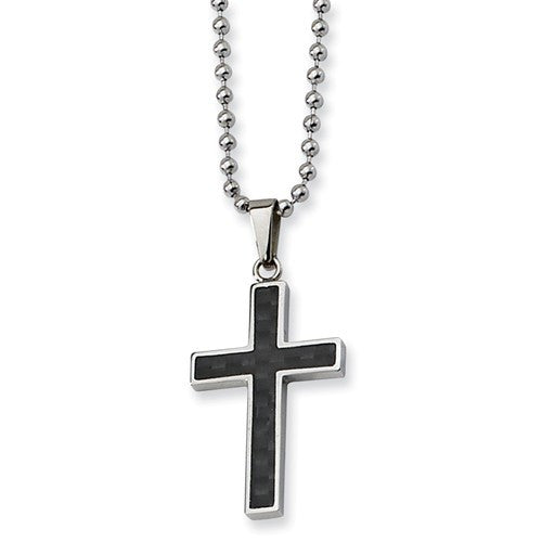 Stainless Steel Polished With Carbon Fiber Inlay Cross 22in Necklace- Sparkle & Jade-SparkleAndJade.com SRN108-22