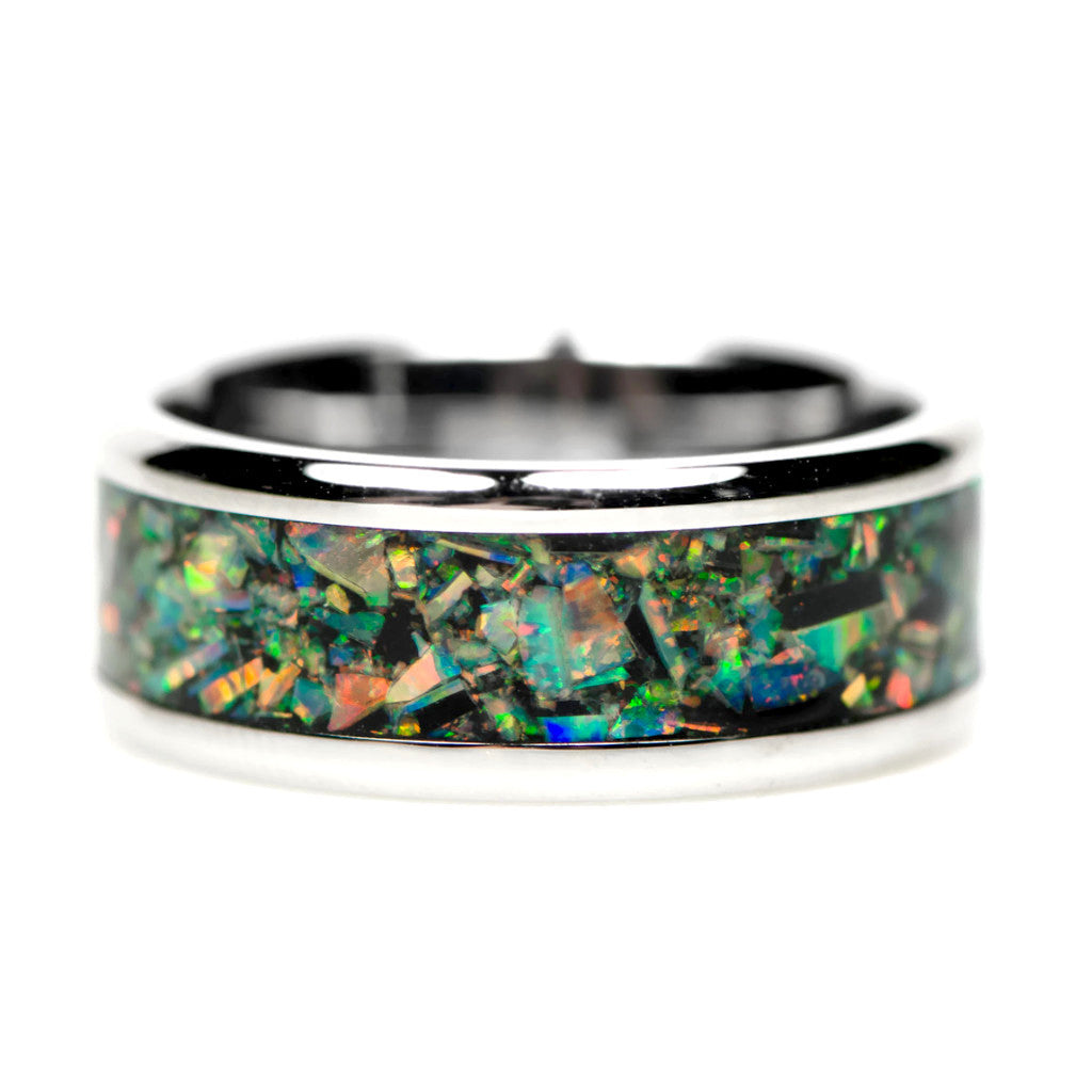 Stainless Steel Polished With Opal Inlay 8mm Men's Ring- Sparkle & Jade-SparkleAndJade.com 