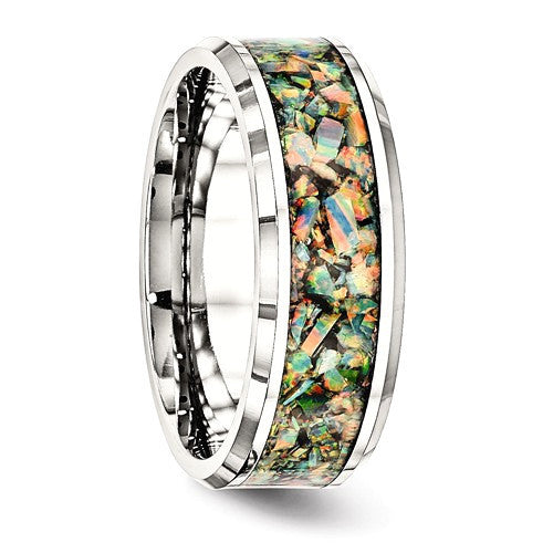 Stainless Steel Polished With Opal Inlay 8mm Men's Ring- Sparkle & Jade-SparkleAndJade.com 