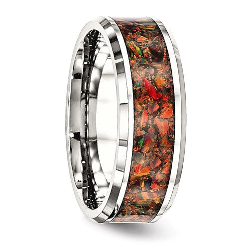 Stainless Steel Polished With Red Opal Inlay 8mm Men's Ring- Sparkle & Jade-SparkleAndJade.com 