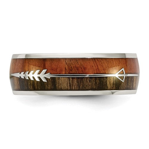 Stainless Steel Polished with Wood Inlay Arrow 8mm Band- Sparkle & Jade-SparkleAndJade.com 
