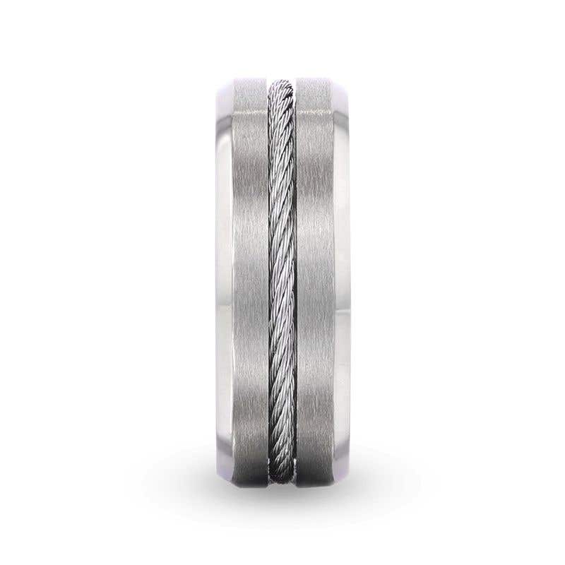 Steel Cable Inlaid Brushed Center Titanium Men's Wedding Band With With Beveled Polished Edges - 8mm - Albert- Sparkle & Jade-SparkleAndJade.com 