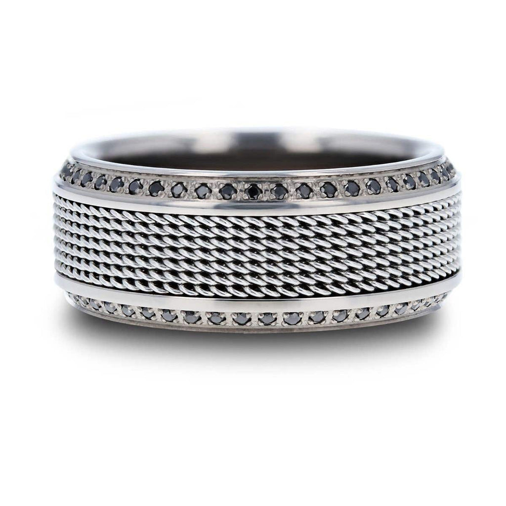 Steel Chain Titanium Wedding Ring Polished Beveled Edges Set with Round Black Diamonds - 10mm - Gauntlet- Sparkle & Jade-SparkleAndJade.com 