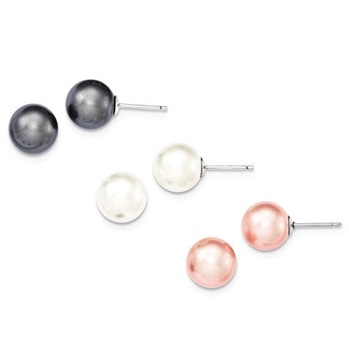 Sterling Silver 10mm White, Rose & Grey Pearl Earrings Set- Sparkle & Jade-SparkleAndJade.com QE12882SET