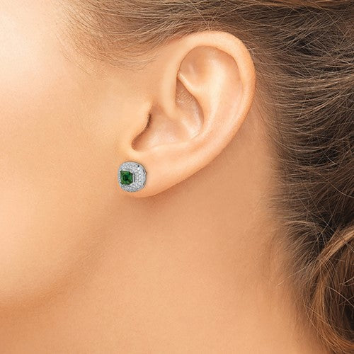 Sterling Silver 11mm White And Green CZ Halo Post Earrings- Sparkle & Jade-SparkleAndJade.com QE12567